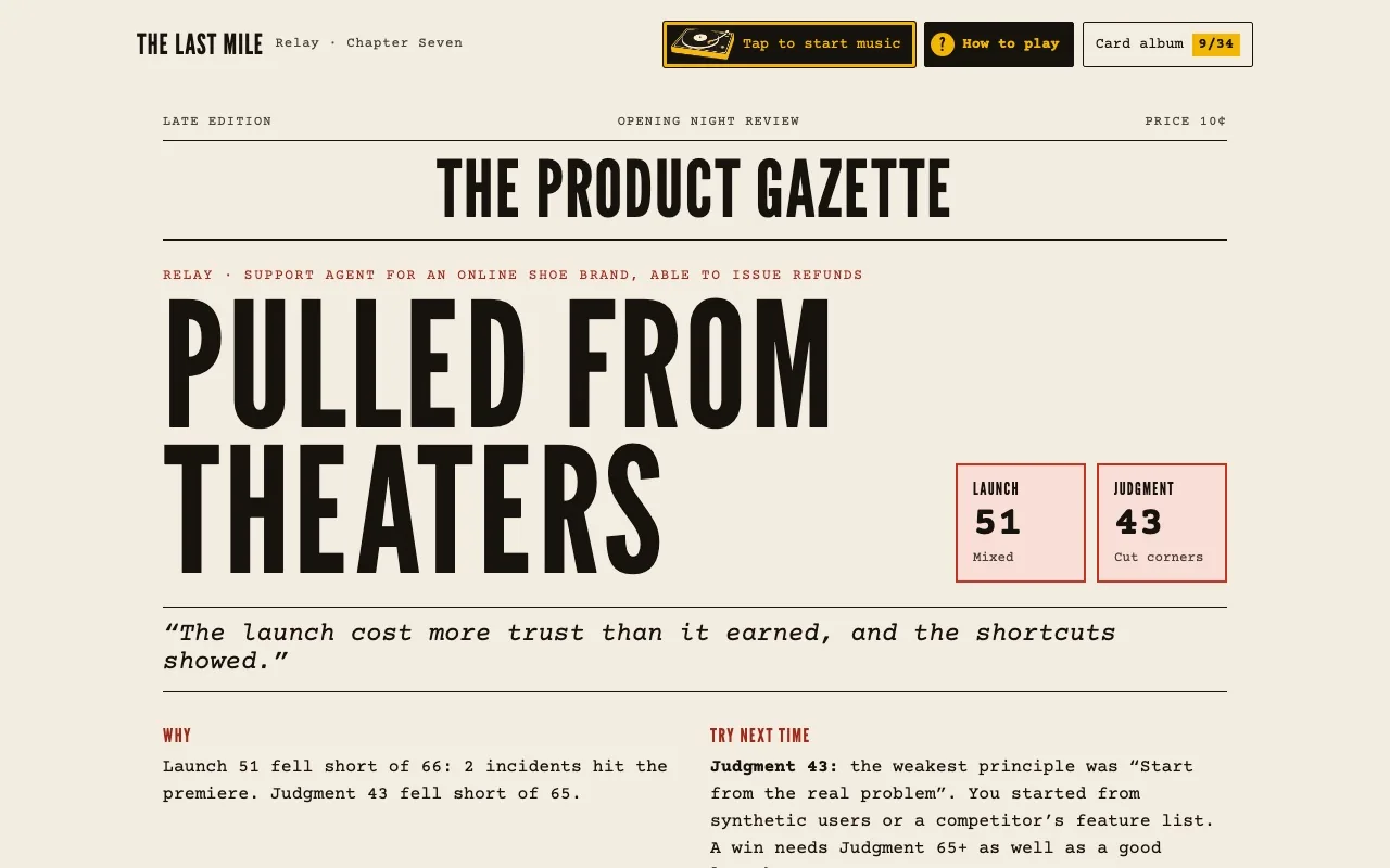 The results screen: the ending's name, Launch and Judgment scores, a reason and one lesson.