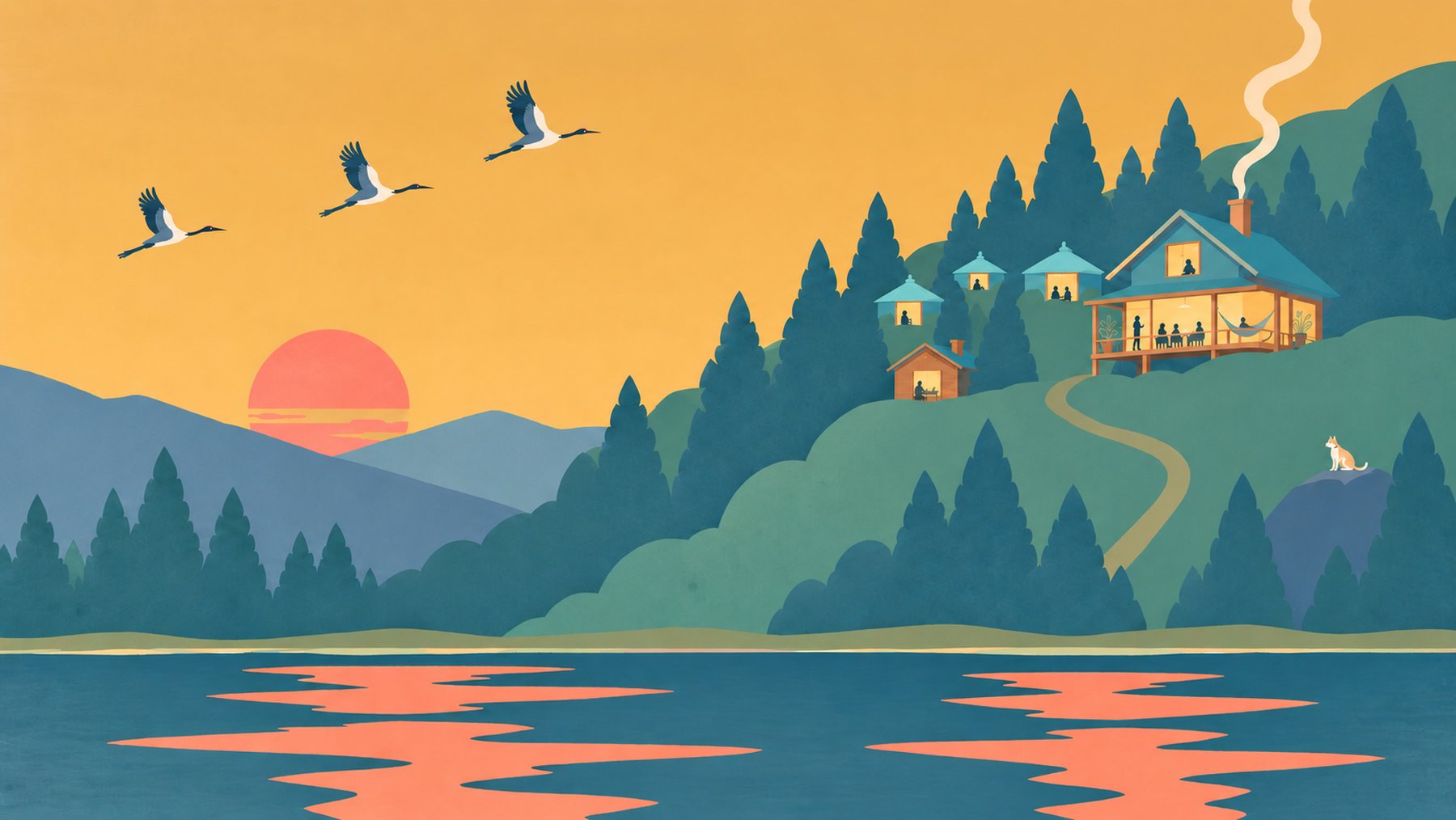 Ilustracja: oświetlony domek na zalesionym wzgórzu nad jeziorem o zachodzie słońca, nad nim lecą żurawie